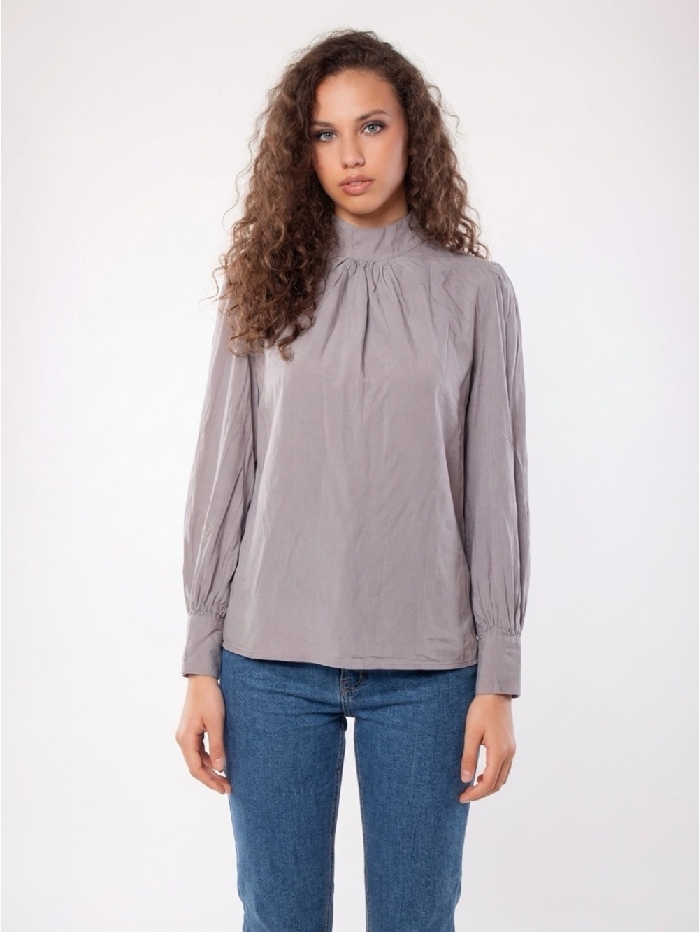 SUNAD Spain Grey 100% Cotton High Neck Blouse L for Preppy Dark Academia Style